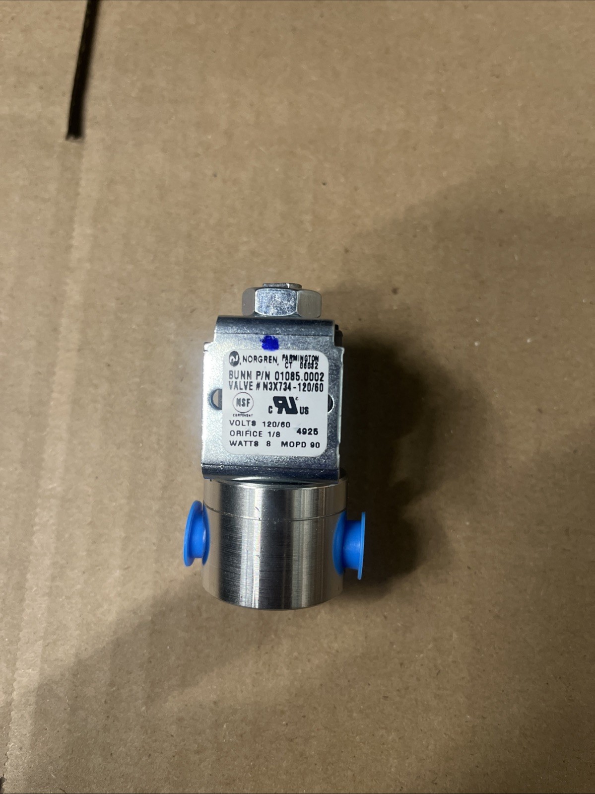 Bunn 01085.0002 Solenoid Valve, 120V, KIP NEW Oem.