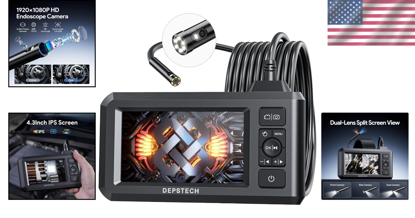 Dual Lens 1080P Inspection Camera with 4.3'' LCD - Waterproof Borescope
