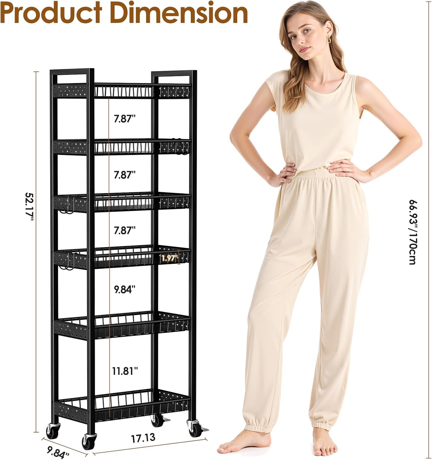 6 Tier Slim Storage Cart, Narrow Rolling Cart with Wheels, Narrow Mobile Utility