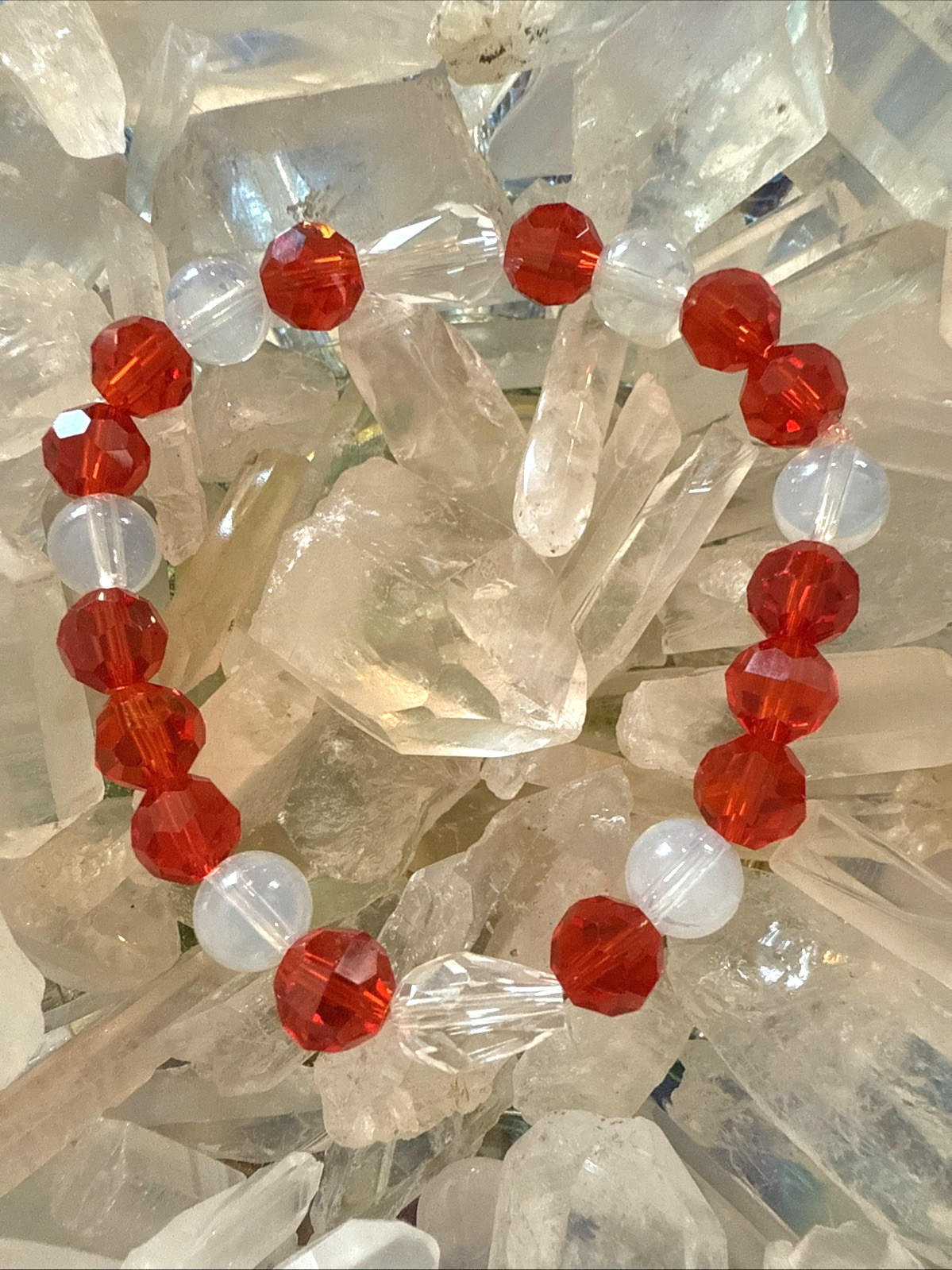 VALENTINES DAY ENERGY BRACELET by Connie RED CLEAR CRYSTAL faceted GLASS BEAD