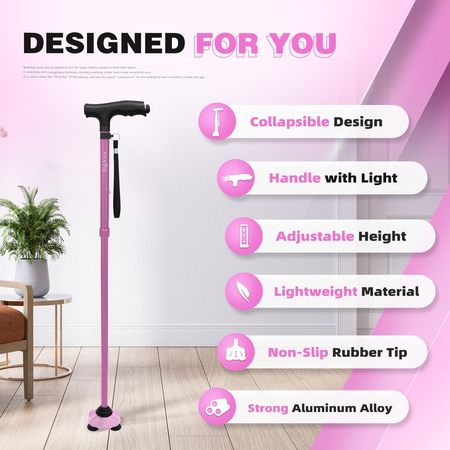 BigAlex Folding Walking Cane with LED Light, Lightweight Adjustable Canes for...