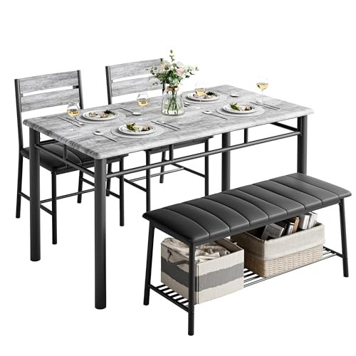 Dining Table Set for 4, Kitchen Table with Upholstered Bench and 2 Grey