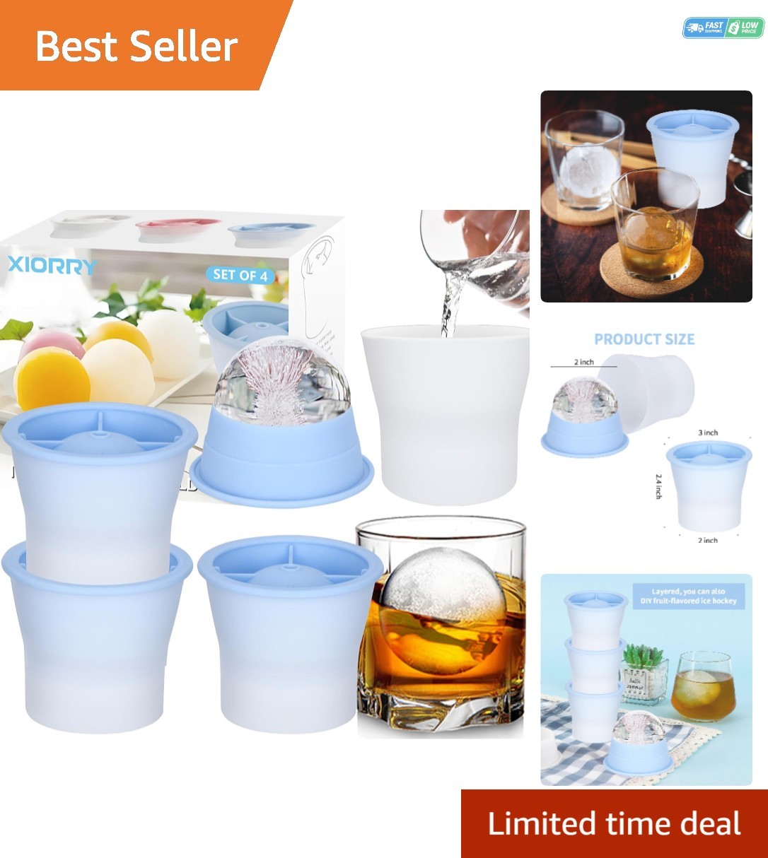 4 Pack Silicone Sphere Ice Molds - Slow Melting Perfect for Whiskey & Cocktails