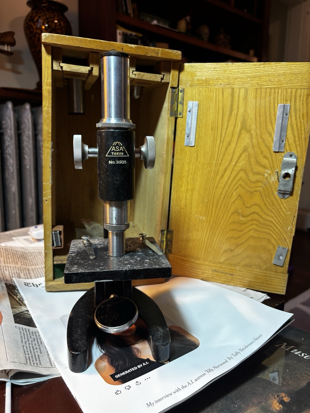 Vintage 1950s Japanese Student Microscope with Box and Slides