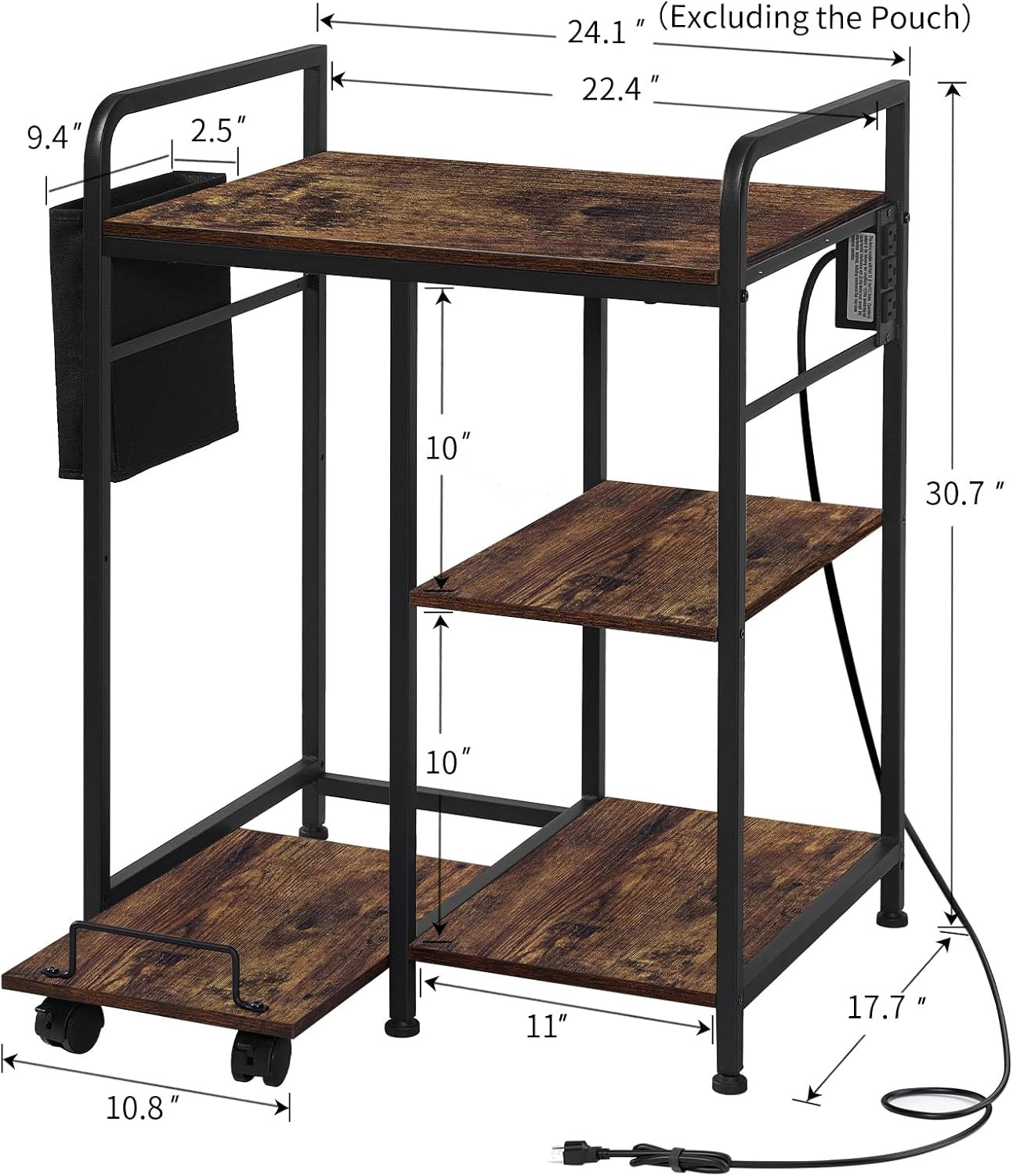 Rustic Brown Home Printer Stand with Charging Station & Storage for Office