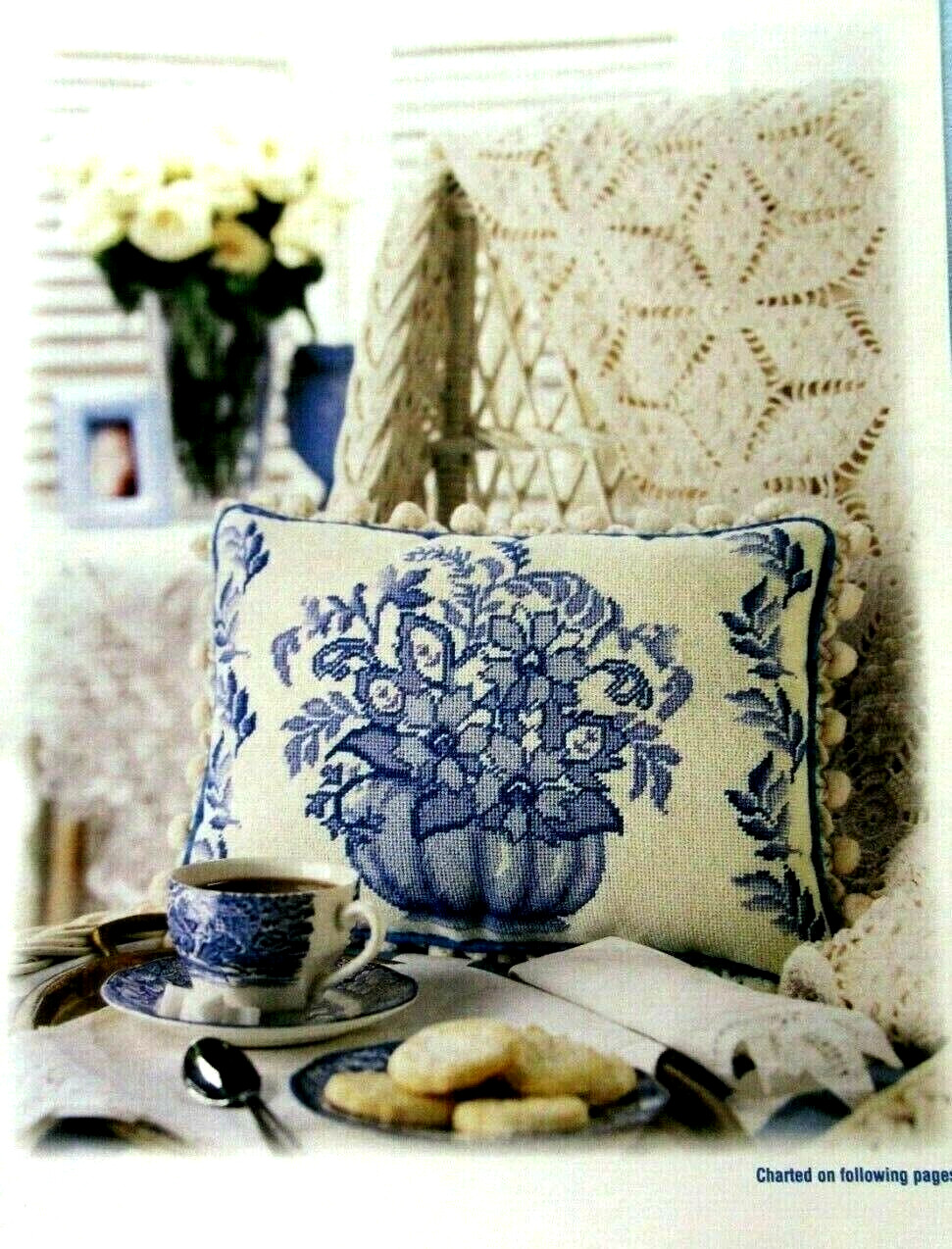 Stitcher Smpler Blue White Floral Pillow Design NEEDLEPOINT/CROSS STITCH PATTERN