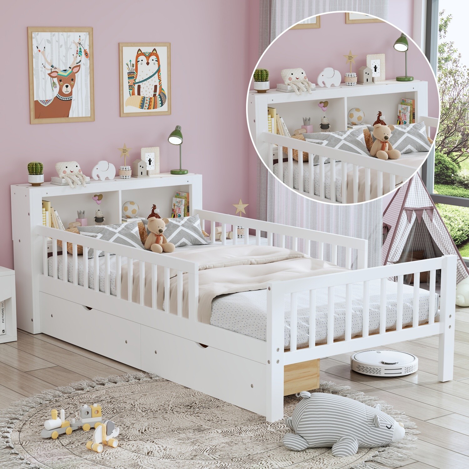 Twin Size Bed Frame Wood Platform Bed Frame with 2 Drawers & Storage Headboard