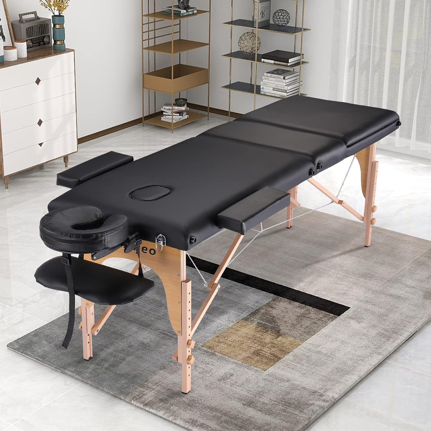 Portable 3-Section Massage Table with Adjustable Height & Accessories - Black