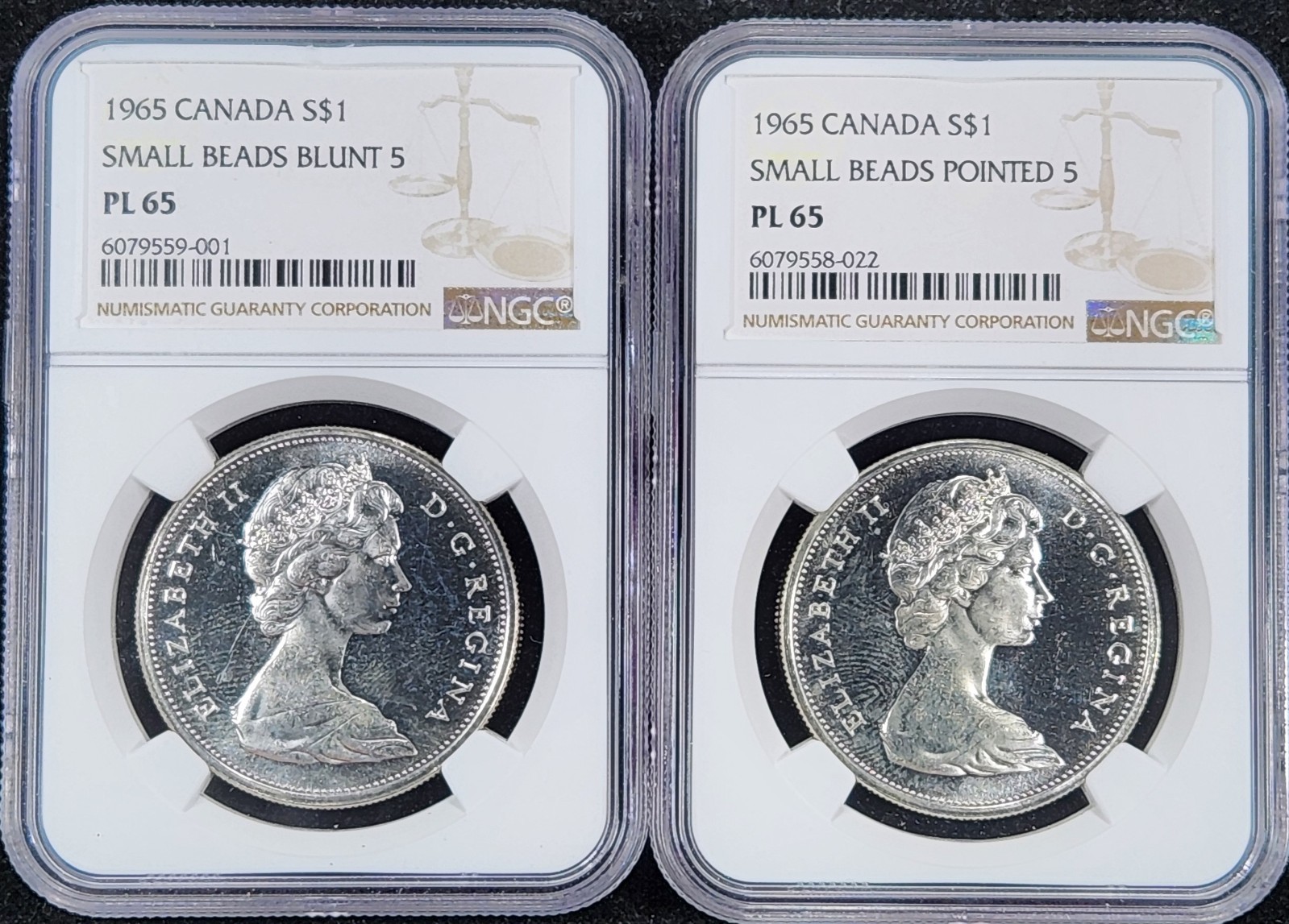 Silver 1965 Type 1 & 2 Canada $1 Dollar | NGC PL65 Small Beads Pointed & Blunt 5