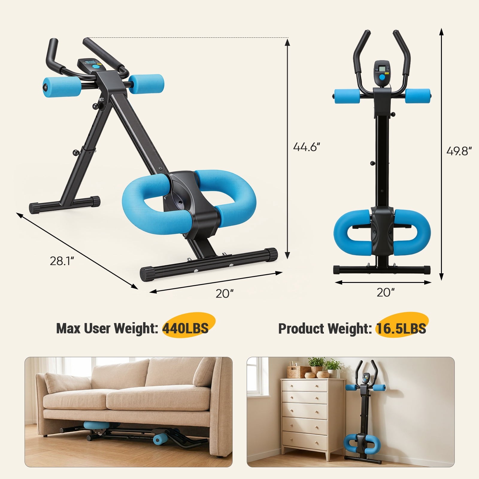 CONCETTTA Adjustable Ab Machine, Foldable Blue Home Gym Trainer