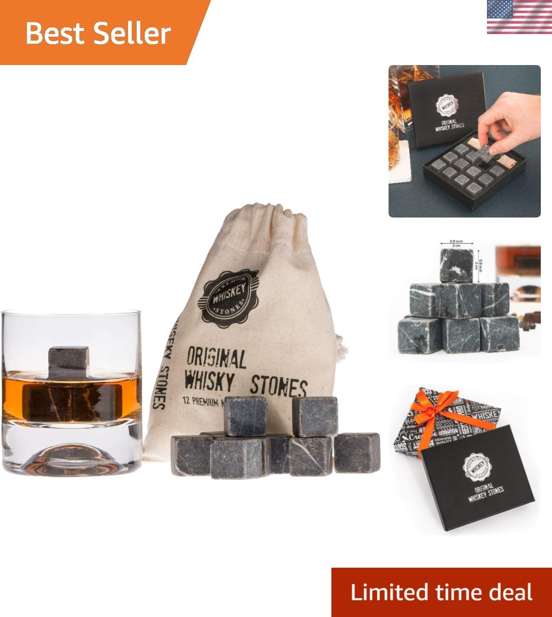 Elegant Dark Grey Whiskey Stones - 12 Reusable Ice Cubes for Barware Aficionados