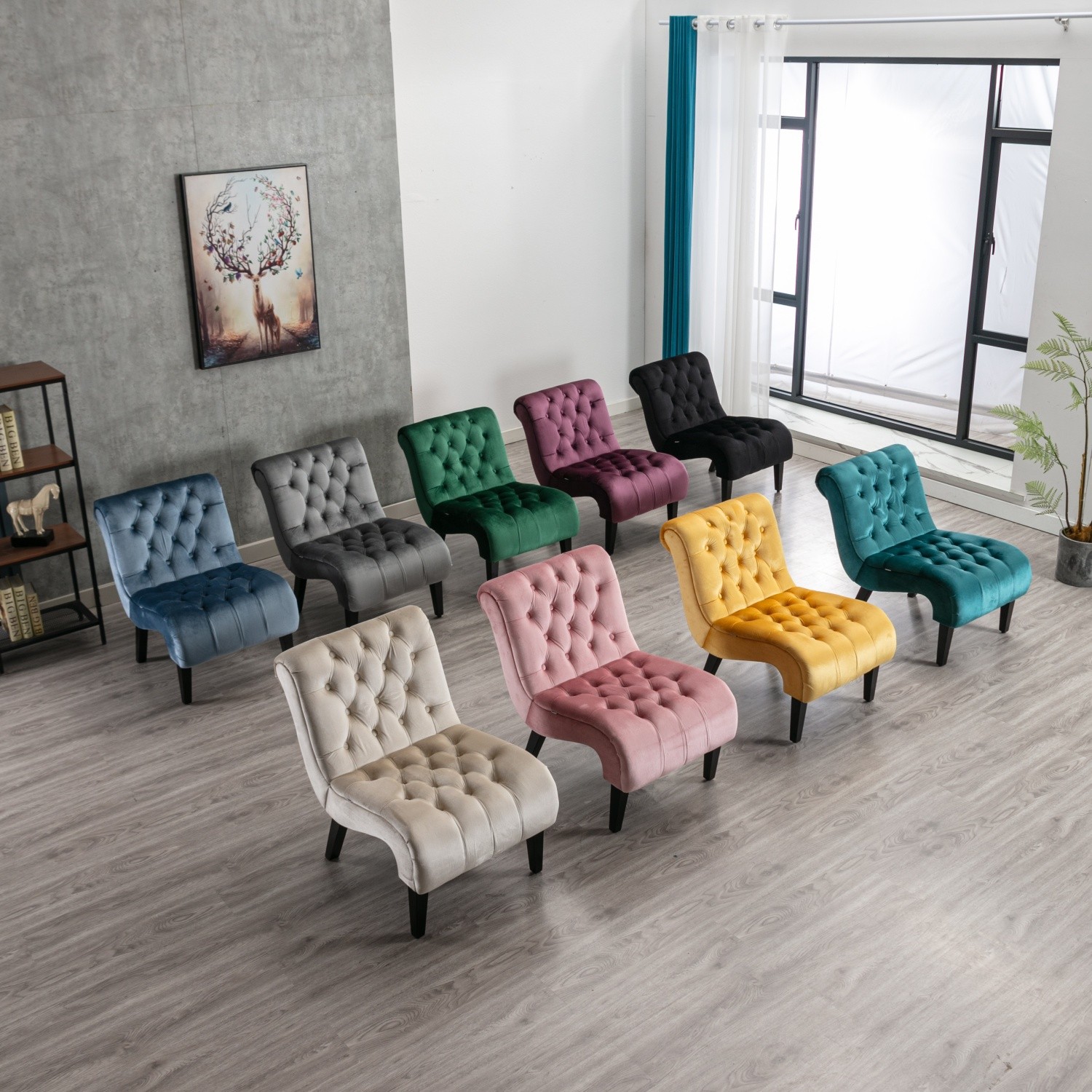 Armless Velvet Tufted Accent Chair Lounge Chair w/ Solid Wood Legs for Apartment