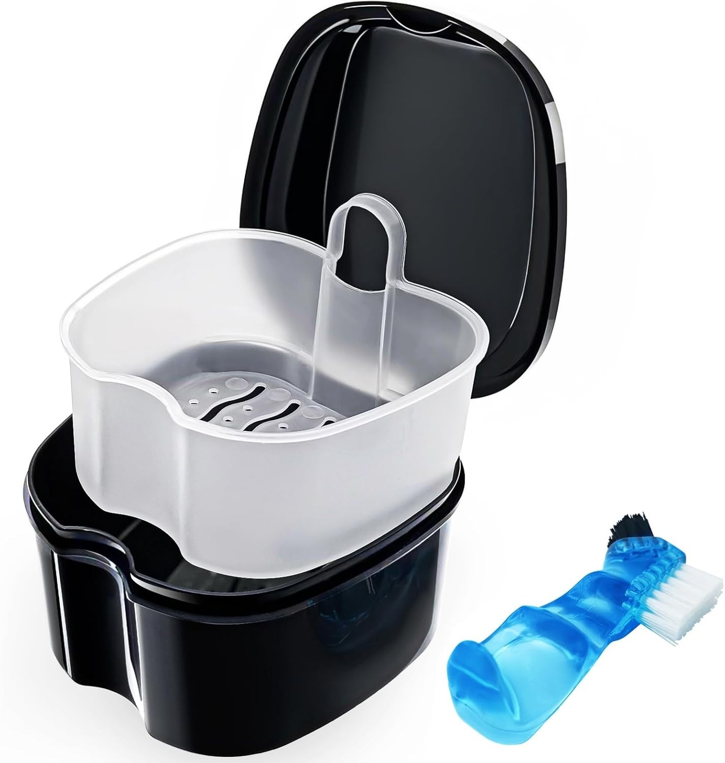 Durable Black Denture Soaking Container with Easy Clean Strainer – Compact 3.7in