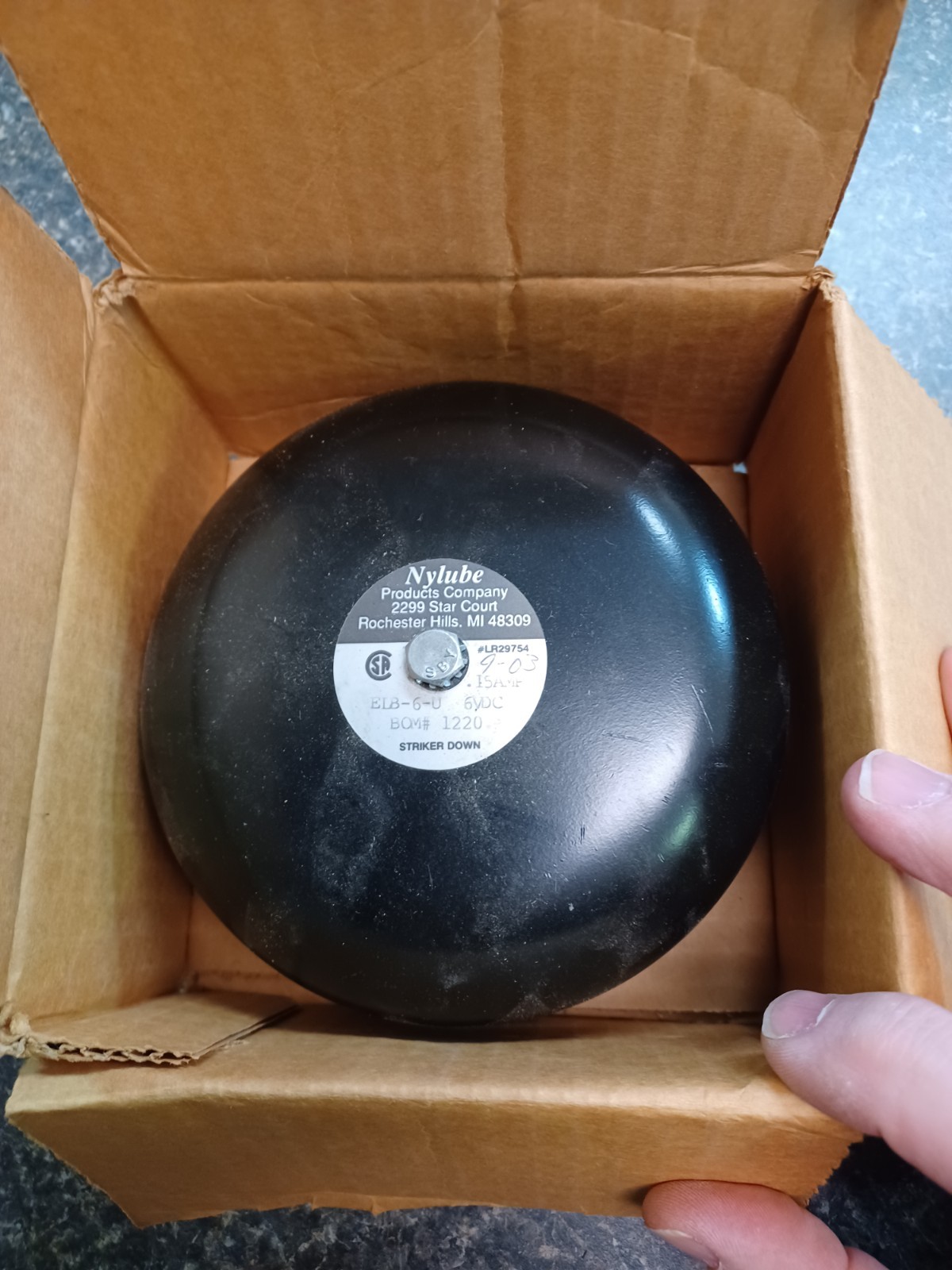 NYLUBE 6" Alarm Bell ELB-6-U, 6VDC 15 AMP Black, Striker Down