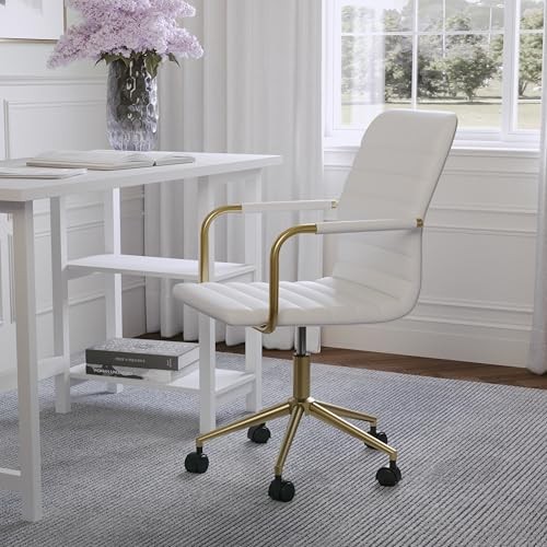 Taytum Swivel Task Chair with Armrests for White Faux Leather/Polished Brass