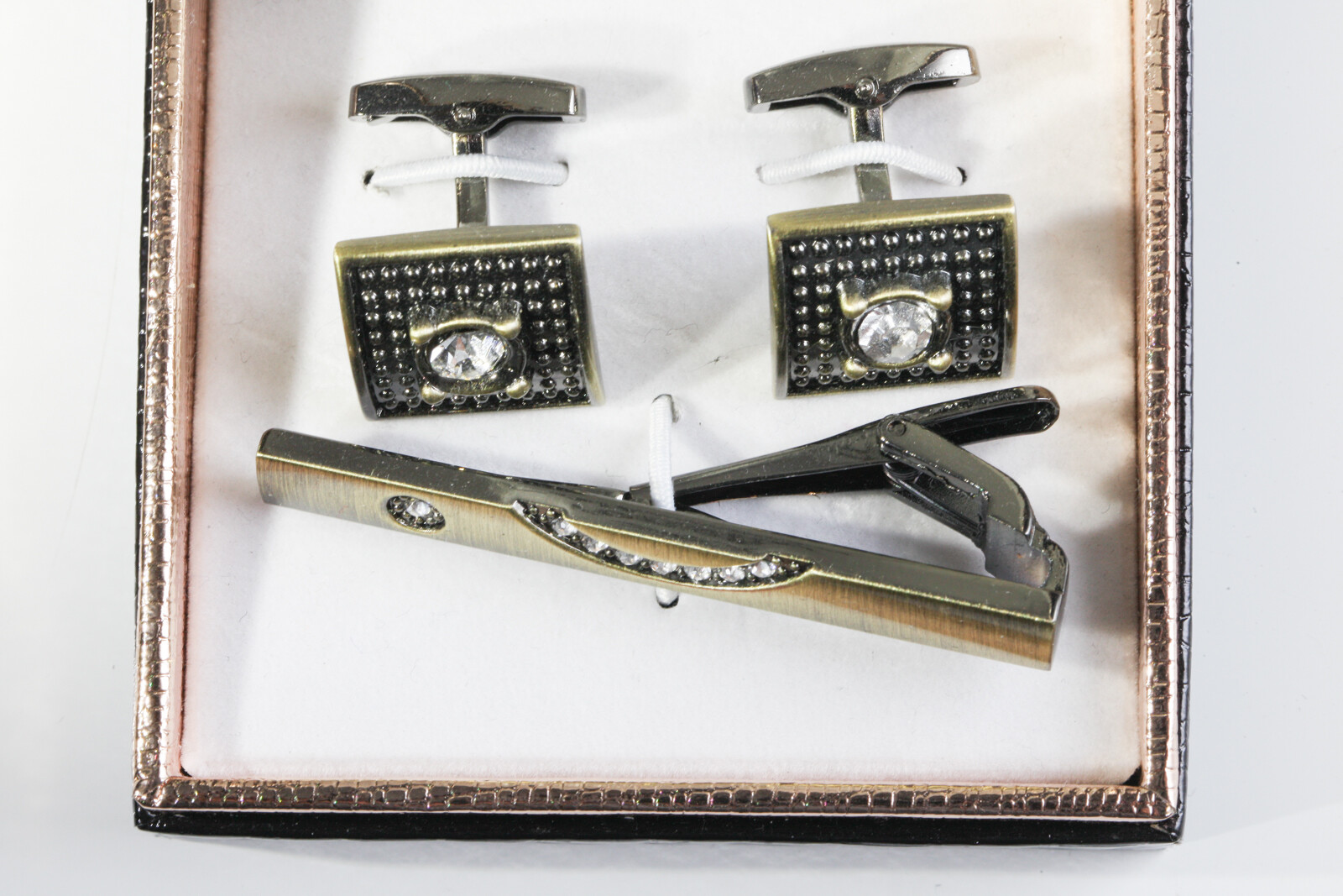 CO-6082 Venetto Collection Cuff Links & Tie Bar Faux Bronze Faux Diamonds Design