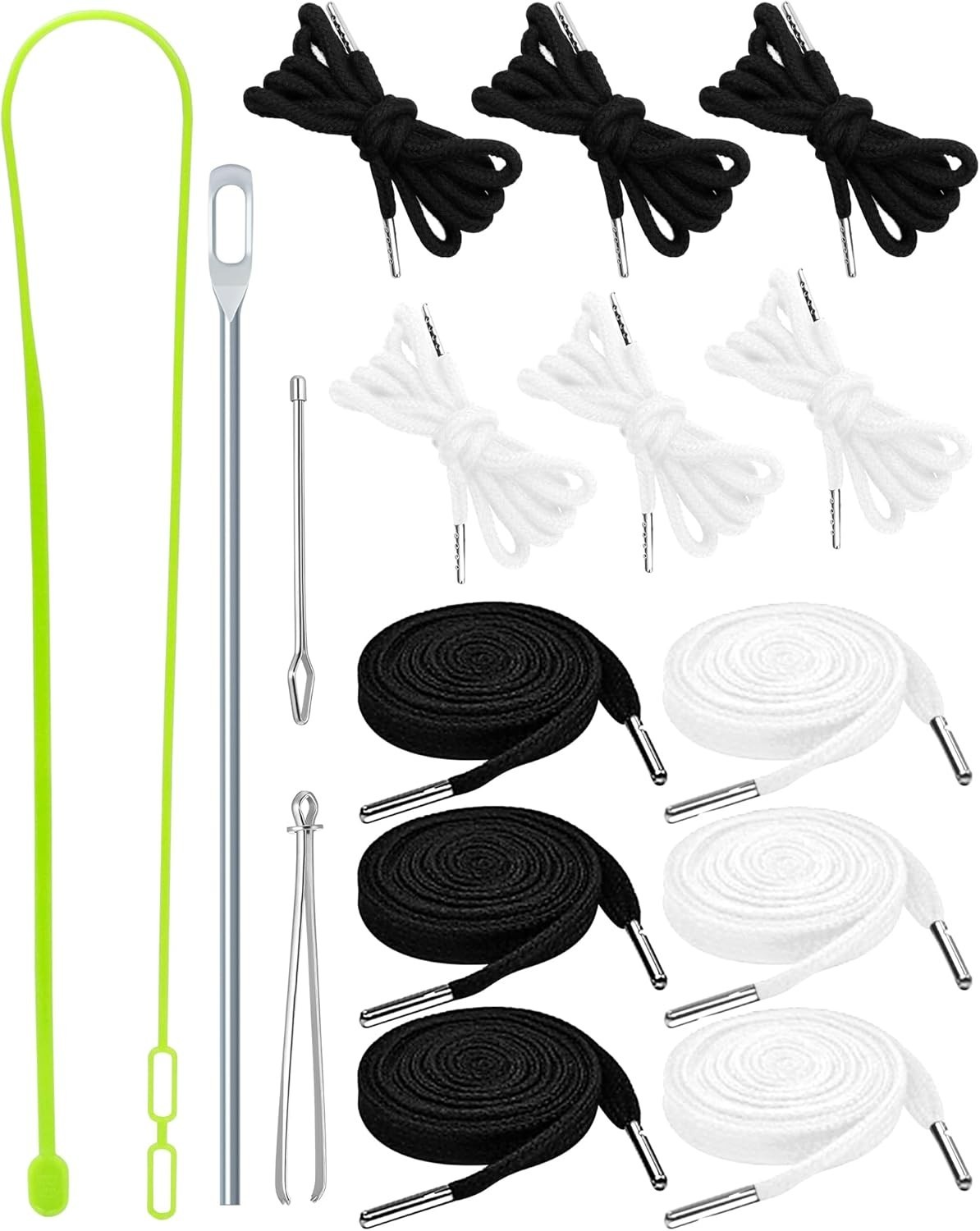 16pcs Drawstring Cord Kit-12pcs Hoodie Strings Flat & Round,Black & White wit...