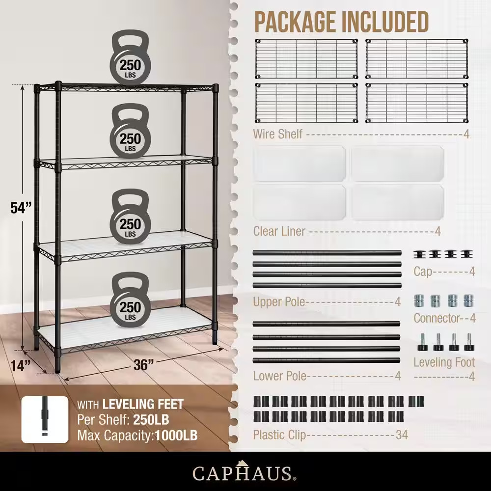 Black 4-Tier Adjustable Height Welded Steel Garage Storage Shelving Unit with Li