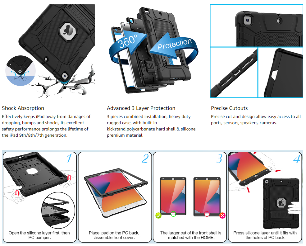 Case For iPad 9th Generation Heavy Duty Shockproof Rugged Cover+Screen Protector