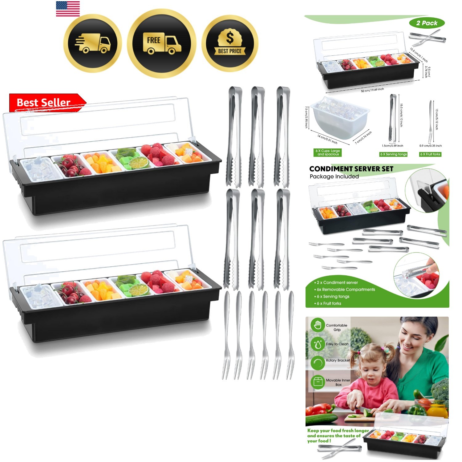 2 Ice Cooled Garnish Tray Deck Bar Garnish Caddy Condiment Containers with Li...