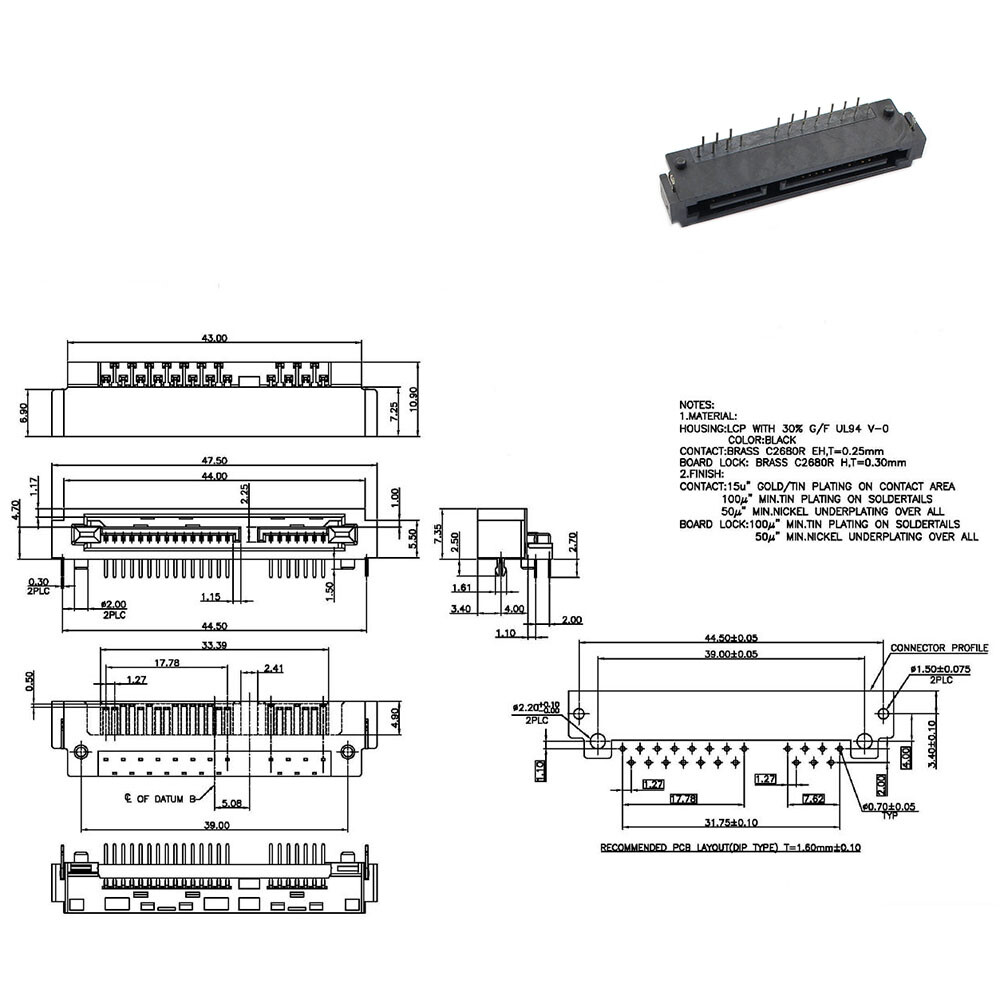2Pcs Sata 7+15 22 Pin Right Angle DIP Male Interface Socket Connector Hard Drive