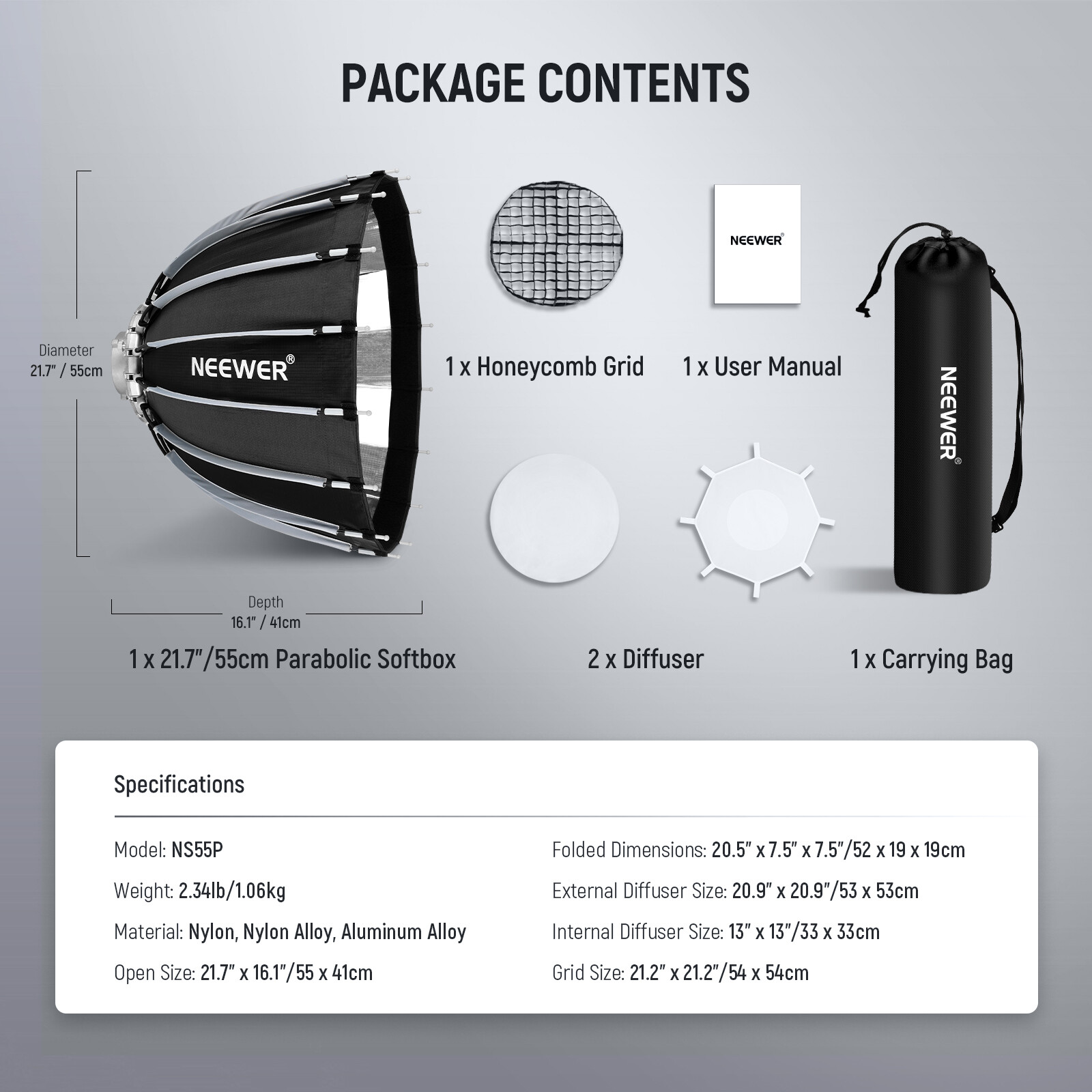 NEEWER 21.7'' Parabolic Softbox Bowens Mount,Quick Release with Diffusers