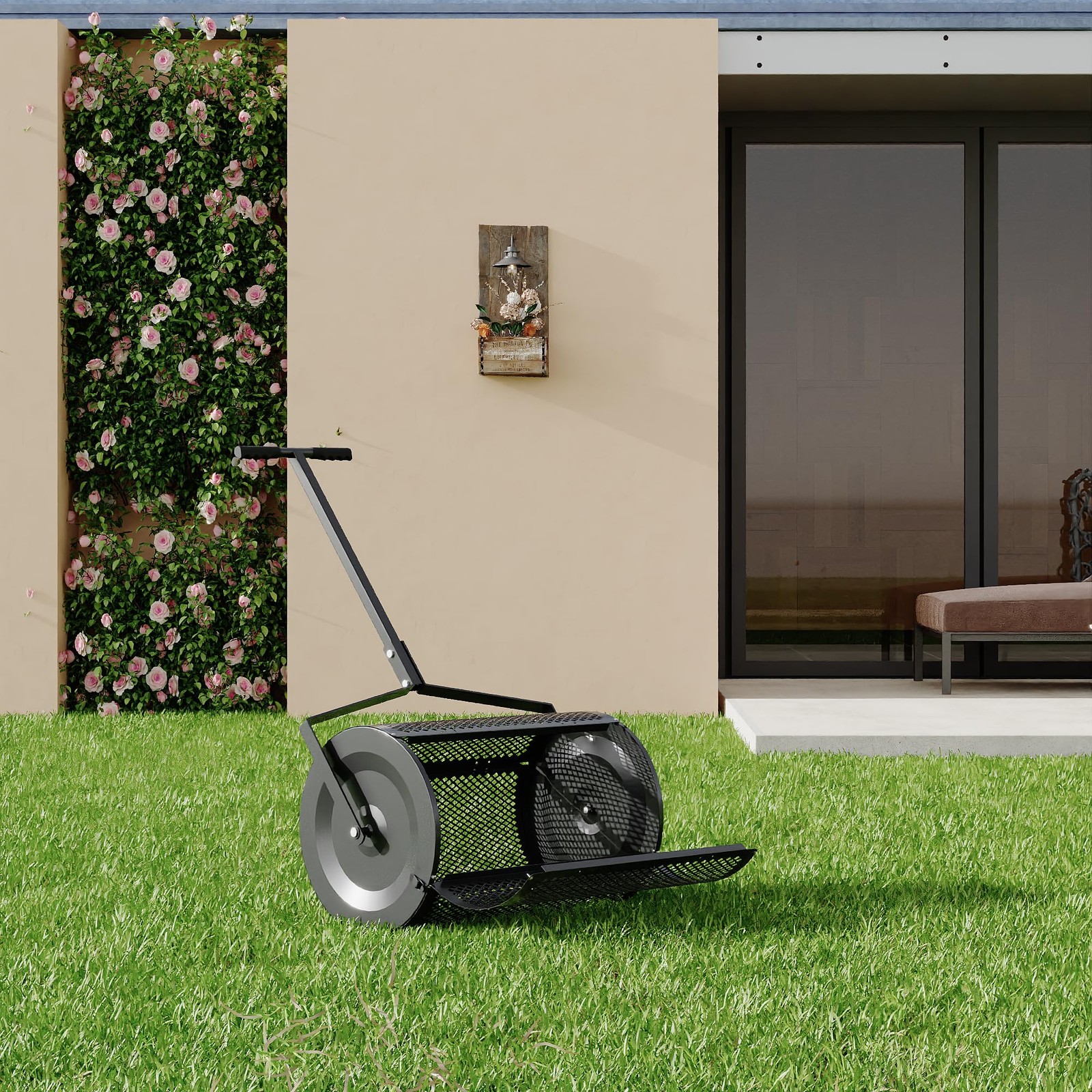 GRAVEE 24 Inch Lawn Spreader w/ Height-Adjustable Handle Rolling Drum Quick-Open