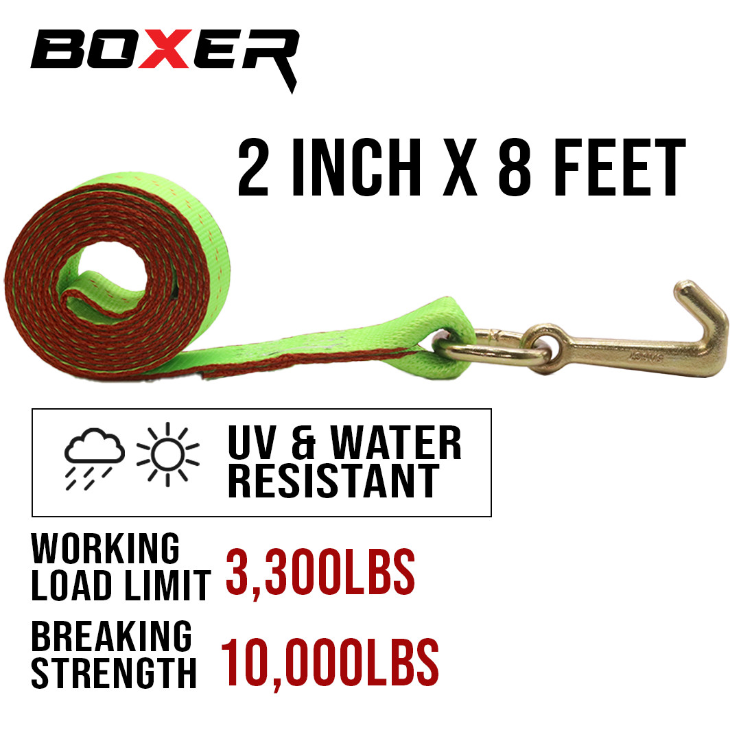 BXR (4) Mini J Hook Strap - 2" x 8' Towing Strap with Strap Protector-Thick Web