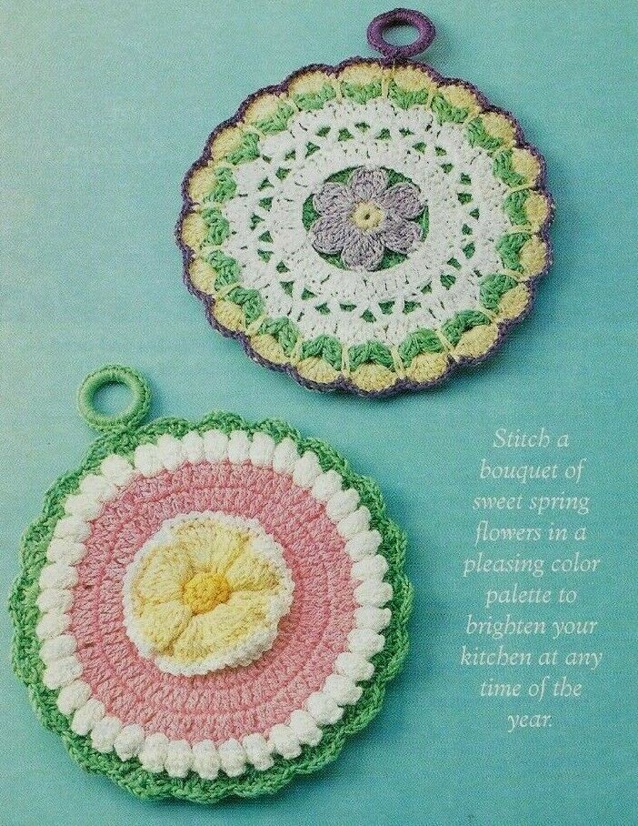 2 SPRING GARDEN POT HOLDERS HOME DECOR DIGEST SIZE CROCHET PATTERN INSTRUCTIONS
