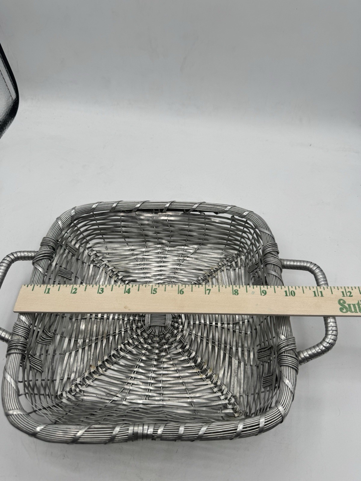 Metal Display Basket Silver Woven With Handles Rectangular 10 In x 10 In