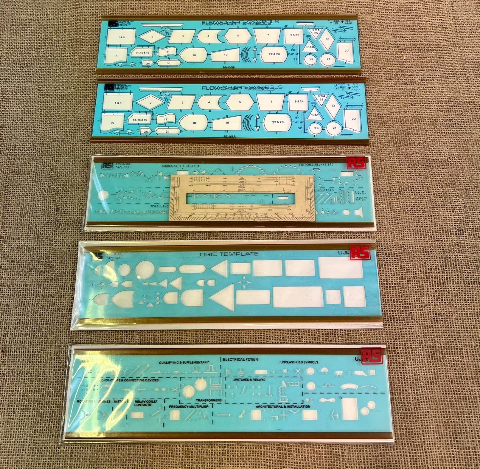 5 X VINTAGE RS FLOWCHART SYMBOL STENCIL DIODES ELECTRICAL DRAFT GUIDES VARIOUS