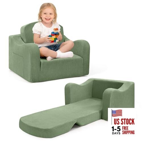 Thick Comfy Toddler Chair and Couch for Kids,2-in-1 Kids Couch Corduroy Green