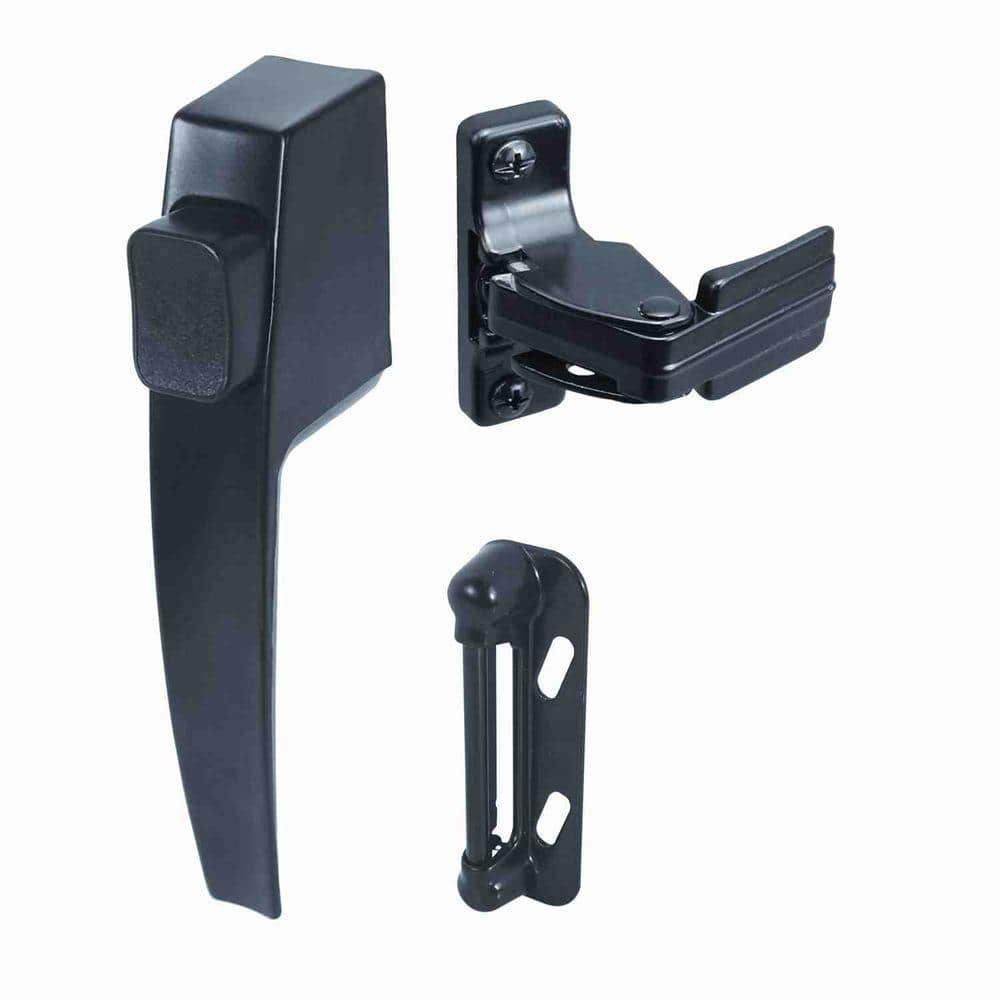 Screen and Storm Door Push Button Latch Set with Night Lock, Black (Single Pack)