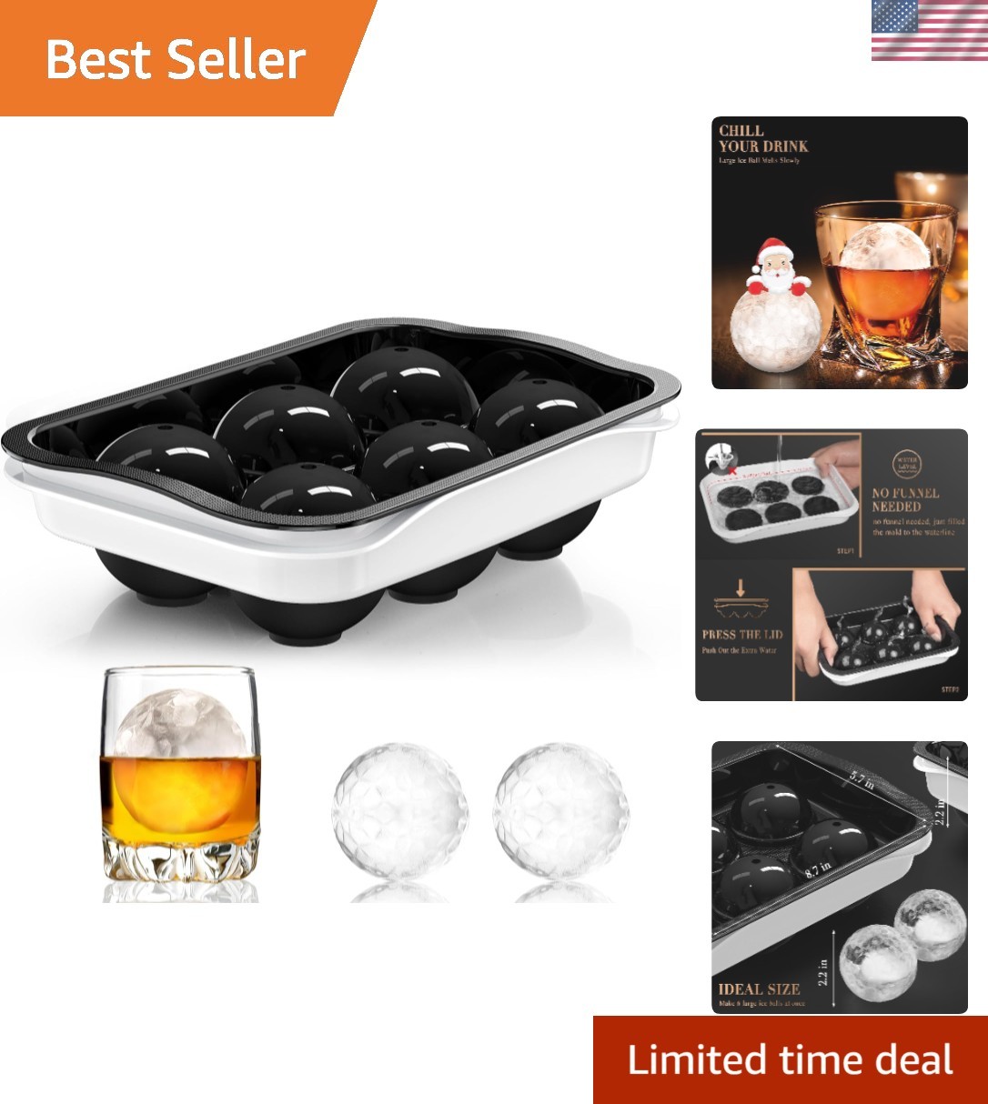 2.2 Inch Round Ice Sphere Maker - BPA-Free Silicone Tray for Whiskey & Cocktails