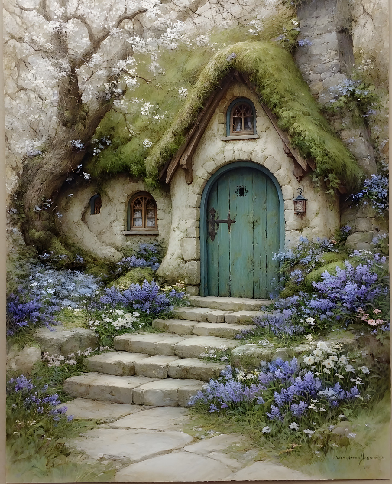 8x10 Cozy Storybook Small House with Green Door Art Print Heritage - 217326529