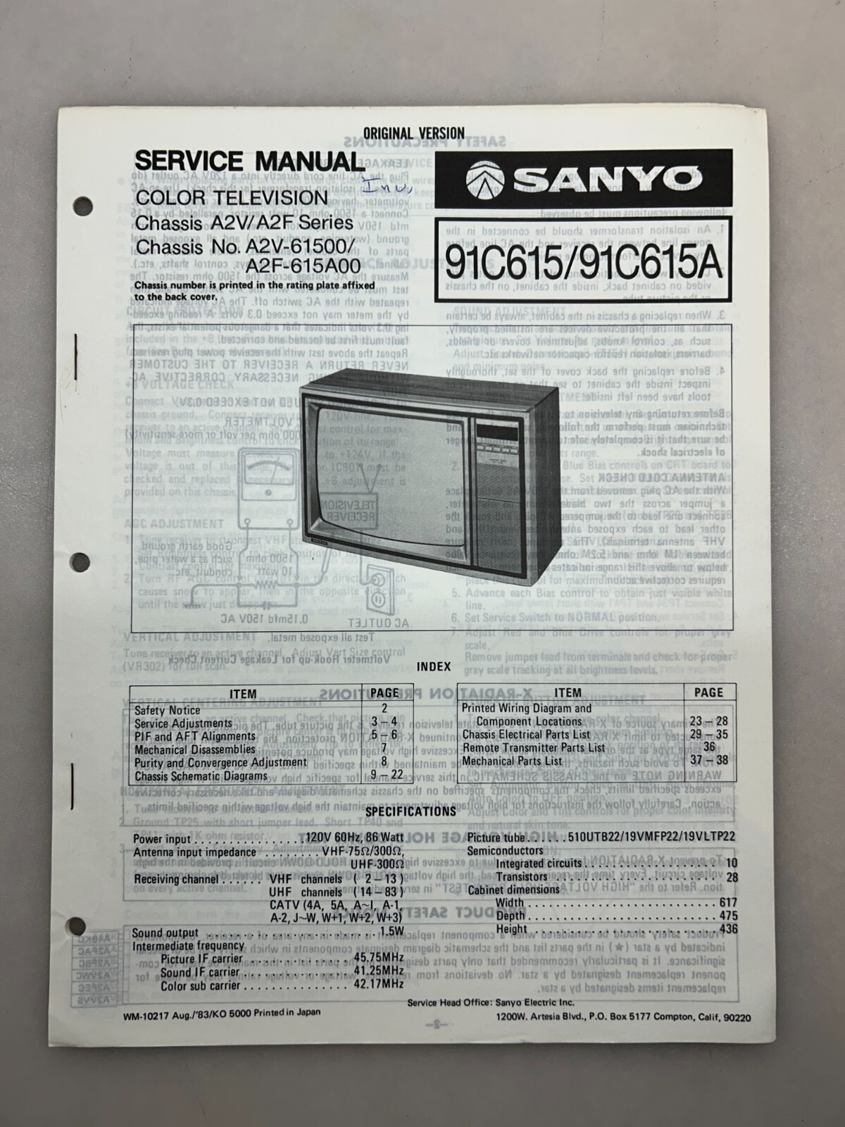 Sanyo 91C615 91C615A Original Service Manual Free Shipping