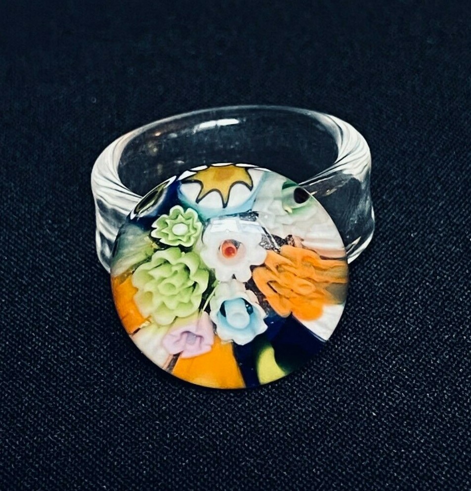 MILLEFIORI Murano glass ROUND BUTTON ring Sz 4 - 5/8" Mothers Day Gift Birthday