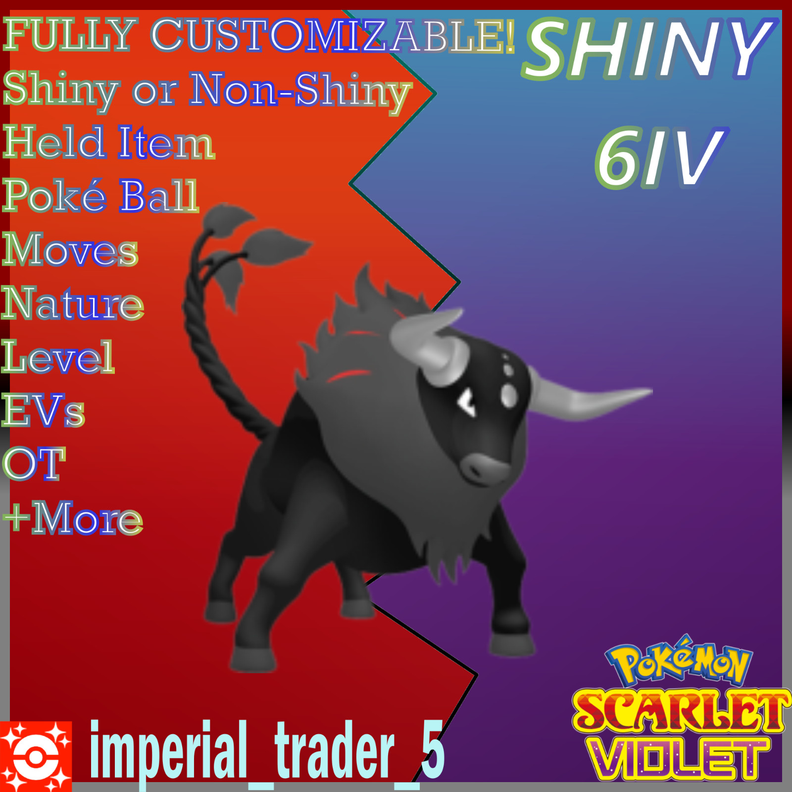 Pokémon Scarlet and Violet ✨SHINY✨ Paldean Tauros 🔥  W/ Best 6IV + Customizable