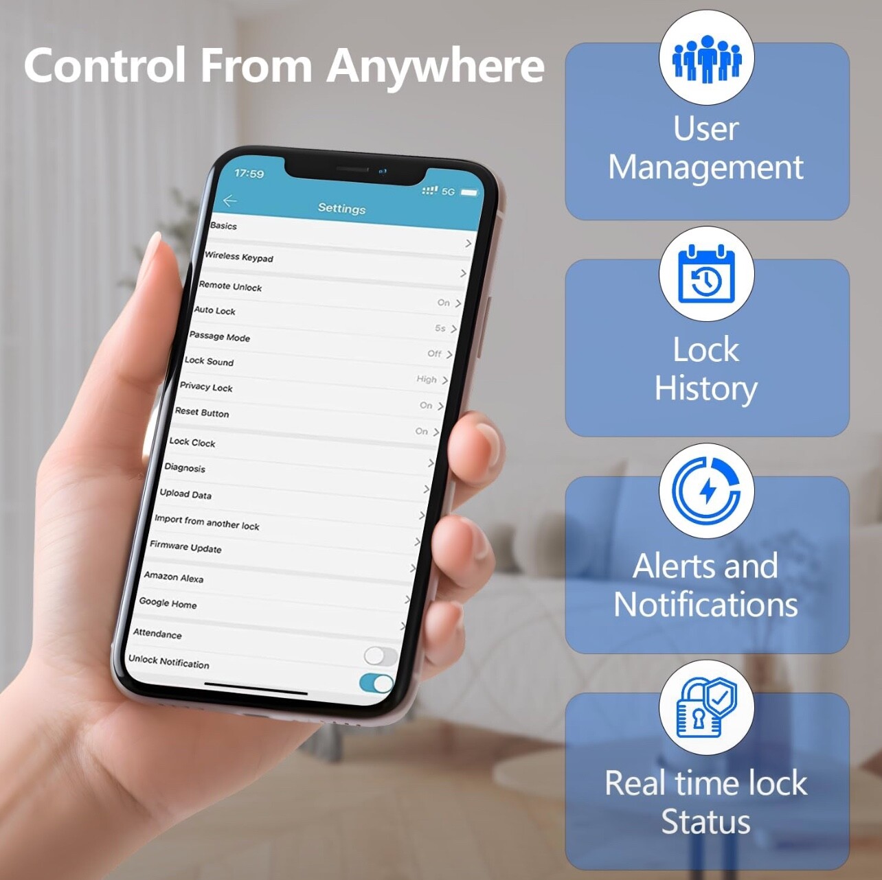 Keyless Fingerprint Smart Door Lock with Code Passcode & Door Handle App Control