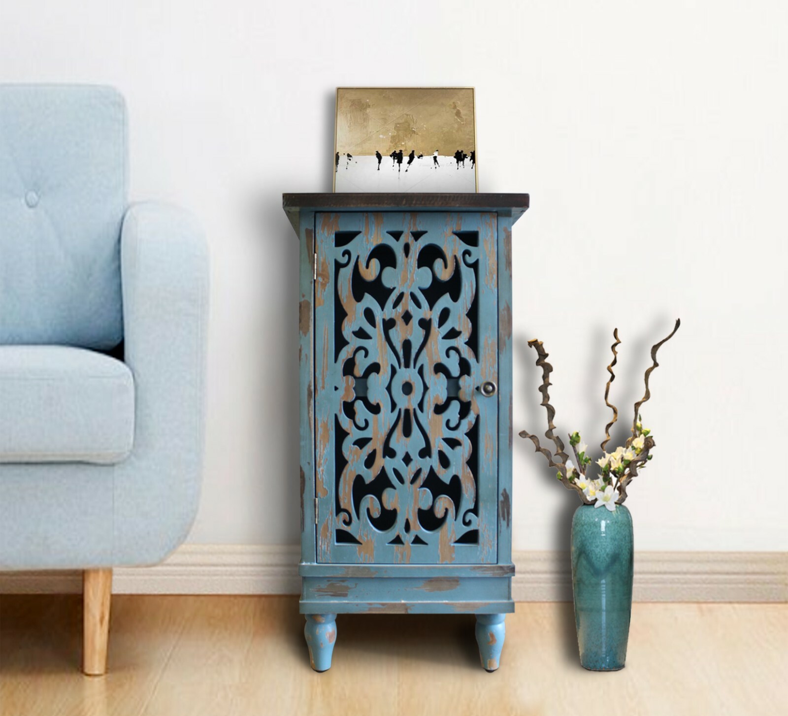 eHemco Wooden Rustic Dual Shelf Rectangle End Table, Teal (Collectible) 5569