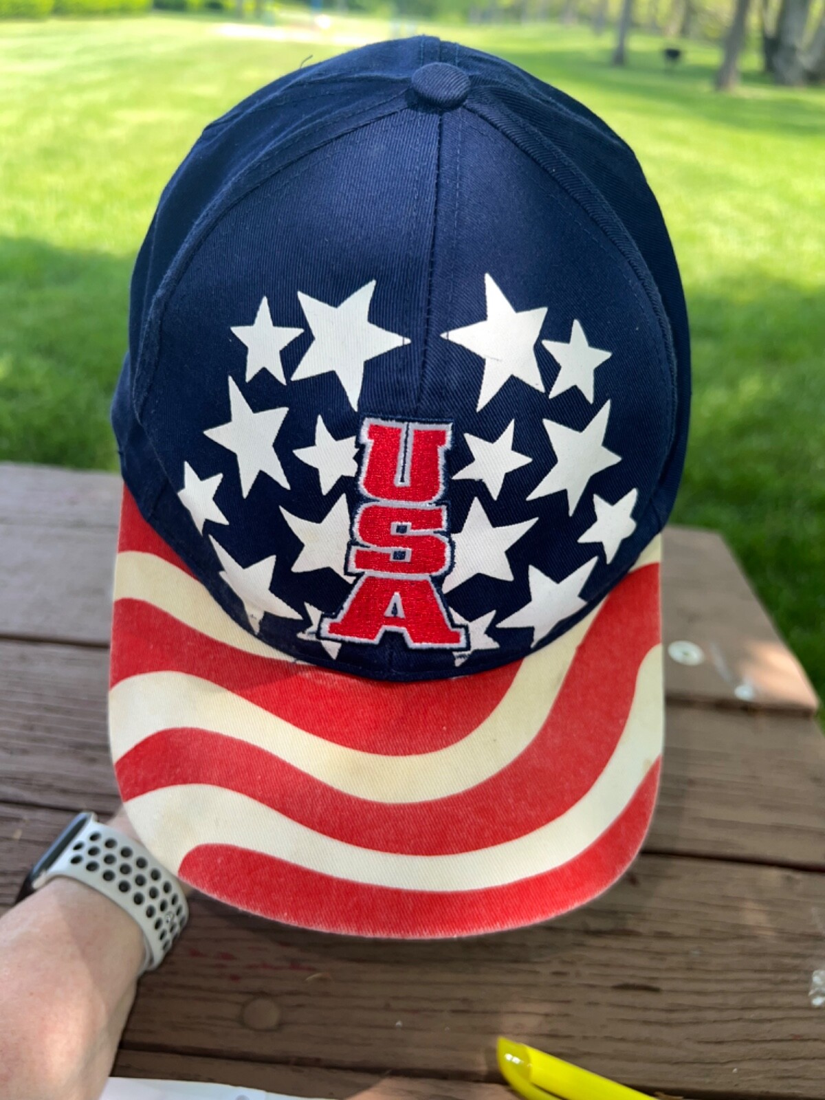 4th of July RWB USA Hat Cap Snapback Wavy Flag Stripes on Bill EUC