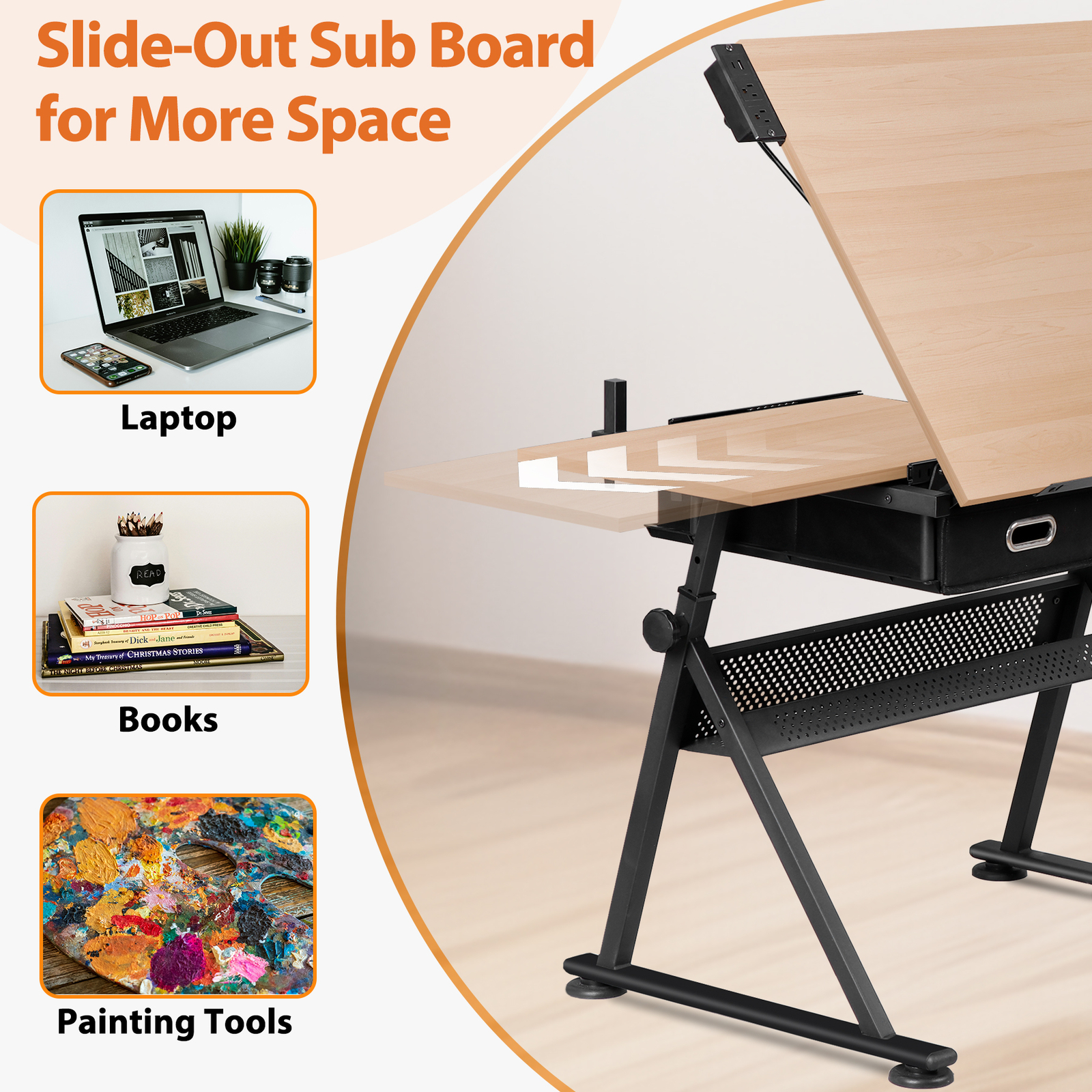 Drawing Drafting Table Stage Platform Adjustable Height W/ Stool Outlet Natural