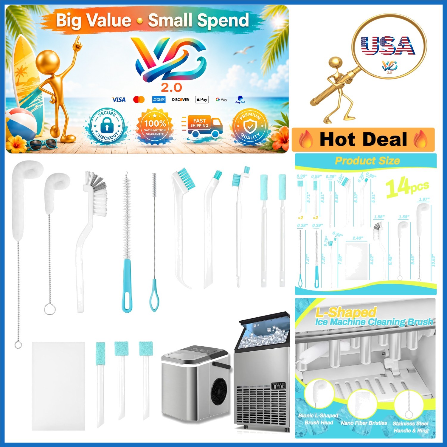 14Pcs Ice Machine Cleaner Brush Set for Narrow Gaps & Deep Cleaning