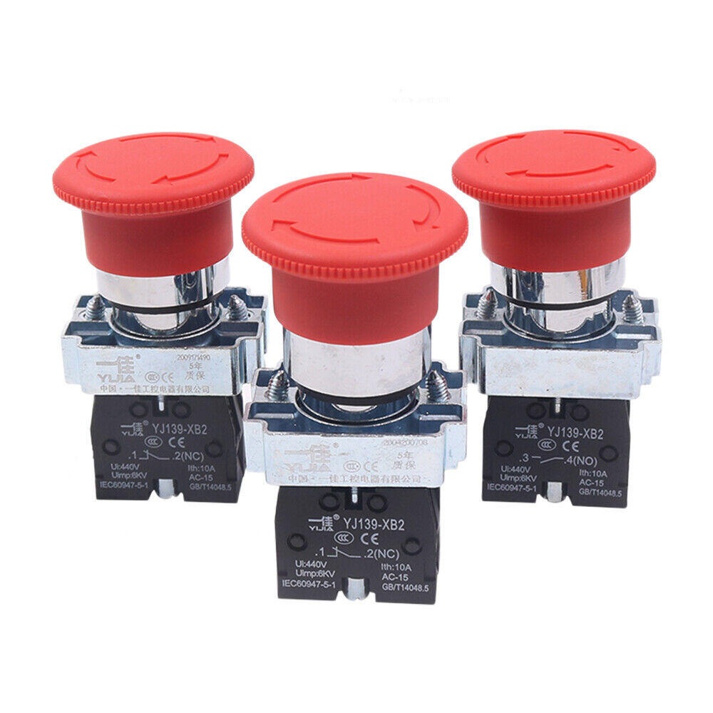 10pcs Red Mushroom Head 22mm E-STOP Emergency Stop Push Button Switch 1NC XB2