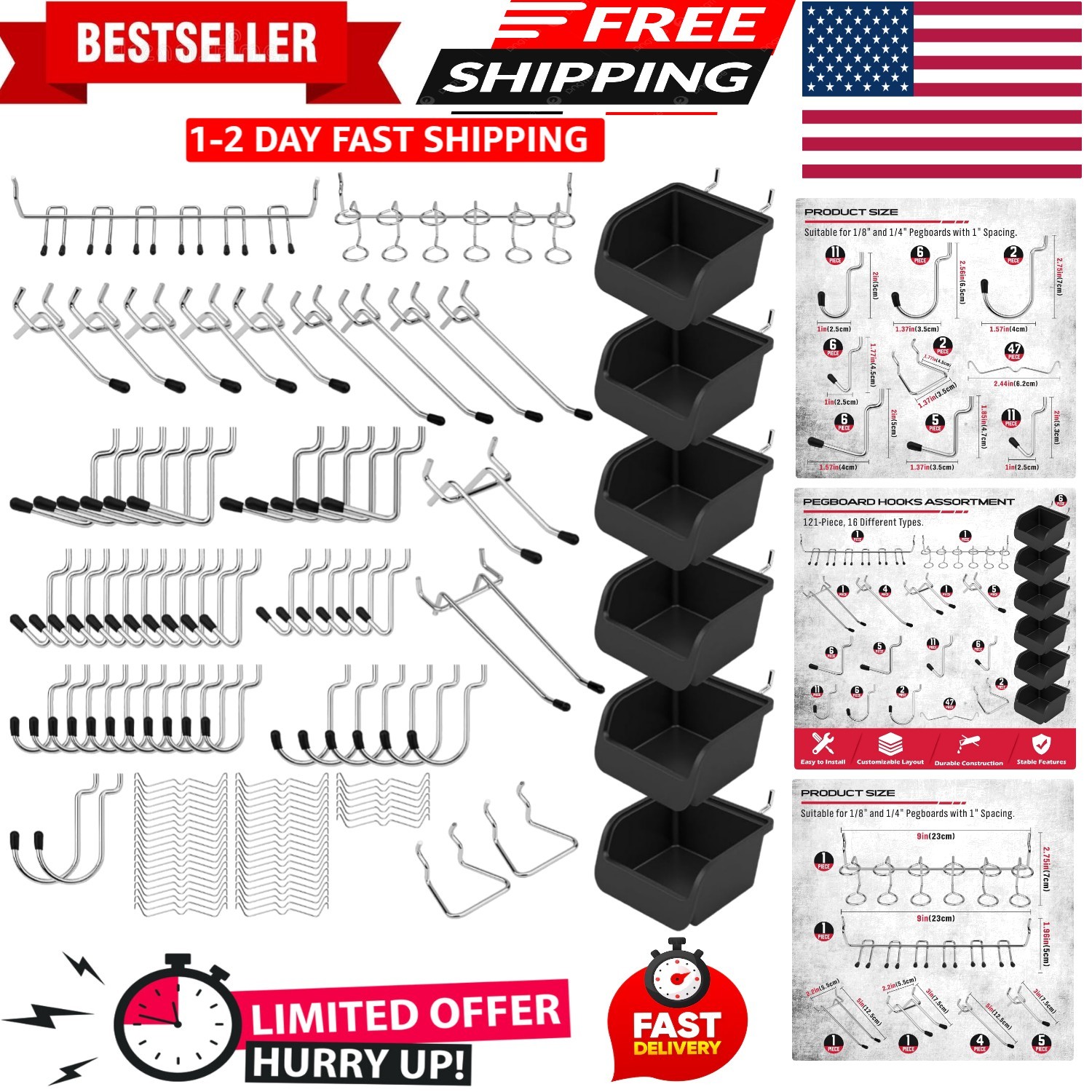 Ultimate 121-Piece Pegboard Hooks Set, Pegboard Accessories with Metal Hooks, Du