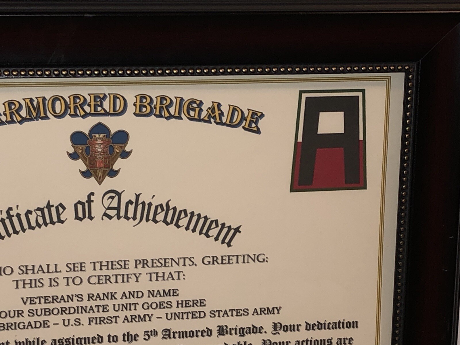 5TH ARMORED BRIGADE - ACHIEVEMENT (COMMEMORATIVE CERTIFICATE)