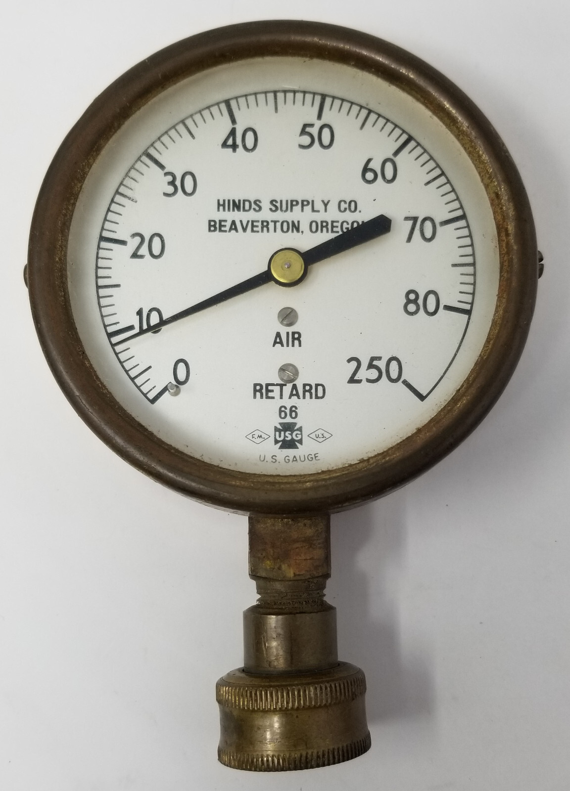 Vintage Brass Hinds Supply Co Beaverto Oregon U.S. GAUGE CO. AIR RETARD 66 0-250