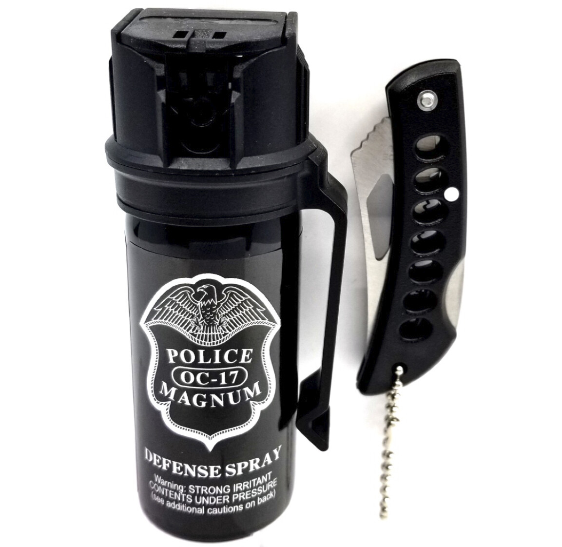 Police Magnum pepper spray 2 ounce flip top belt clip and pocket knife defense