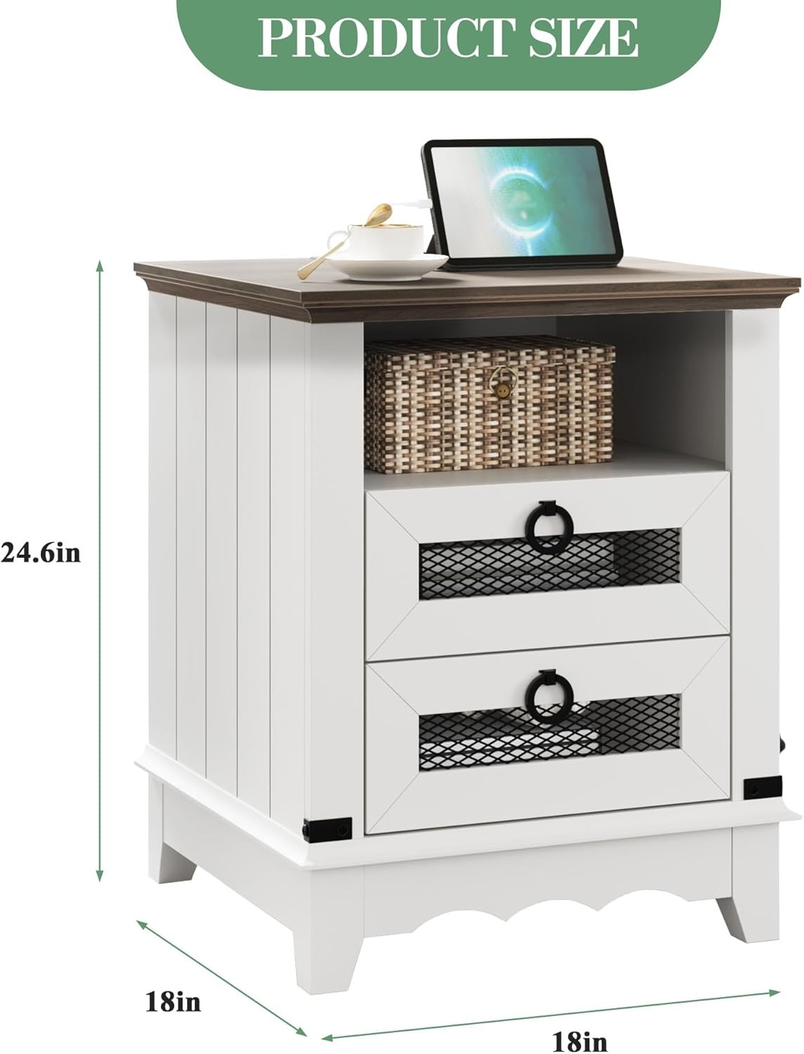 18" Rustic Nightstand W/ Charging & Storage, 2-Drawer Brown &White Bedside Table