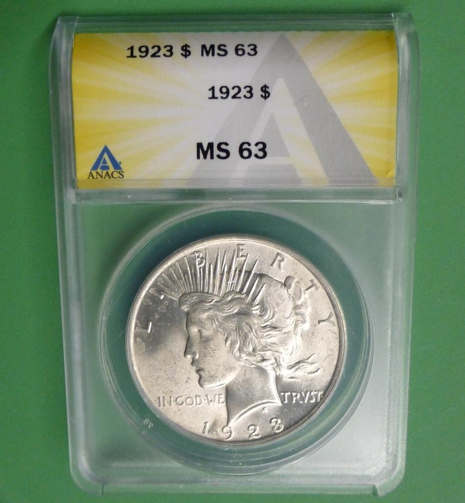 1923 ANACS MS 63 Peace Silver Dollar, United States of America Silver $1 Coin